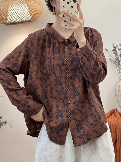 Kvinder Vintage Autumn Flower Button-up bomuldsbluse