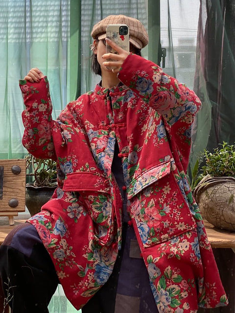 Kvinder Vinter Vintage Flower Pocket Button Coat Coat