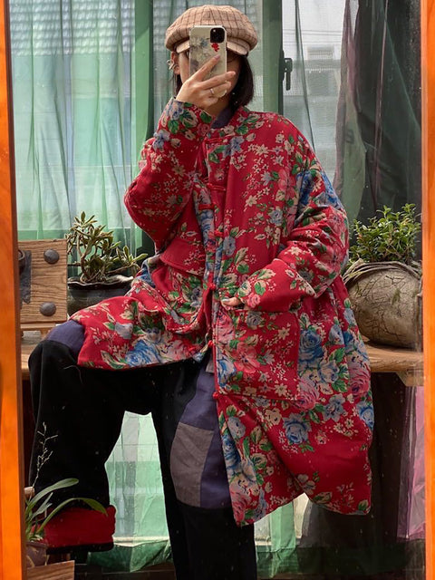 Kvinder Vinter Vintage Flower Pocket Button Coat Coat