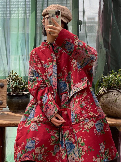 Kvinder Vinter Vintage Flower Pocket Button Coat Coat