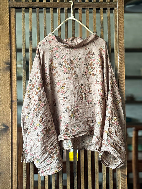 Women Artsy Autumn Flower Turtleneck Blouse