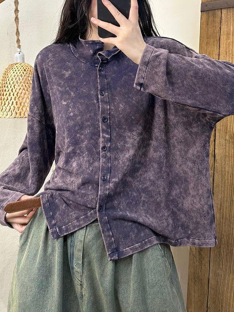 Women Autumn Tie-dye Button-up Turn-dowm Collar Shirt