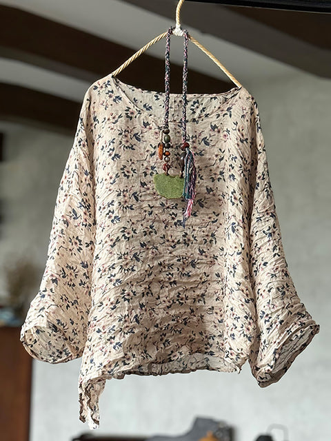 Kvinder Sommer Artsy Floral Tynd Løs Ramie Bluse