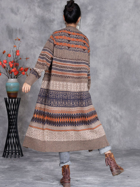 Kvinder Vintage Autumn Stripe Button Uld Cardigan Coat