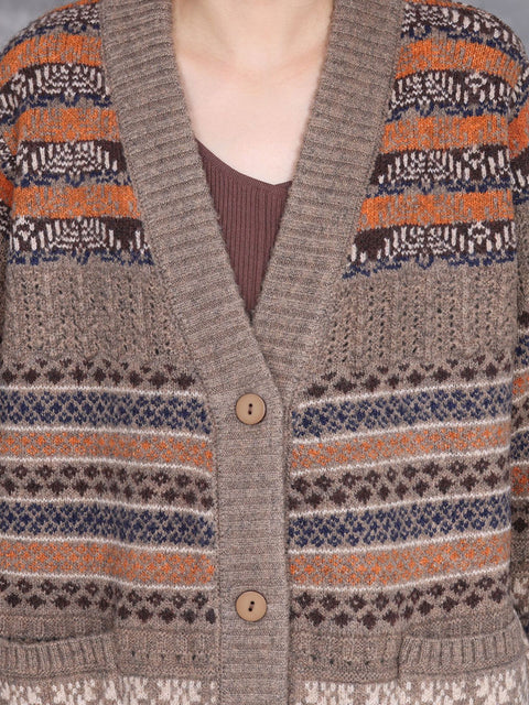 Kvinder Vintage Autumn Stripe Button Uld Cardigan Coat