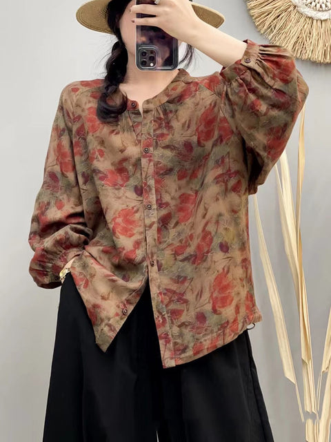 Kvinder Autumn Vintage Flower O-hals bomuldsbluse