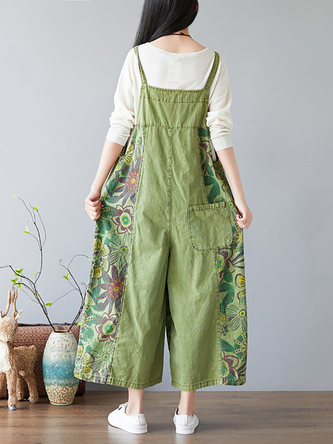 Kvinder Sommer Artsy Flower Print Pocket Loose Denim Jumpsuits