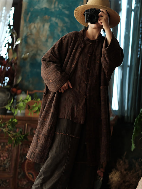 Kvinder Efterår Etnisk Flower Colorblock Linen Robe Coat