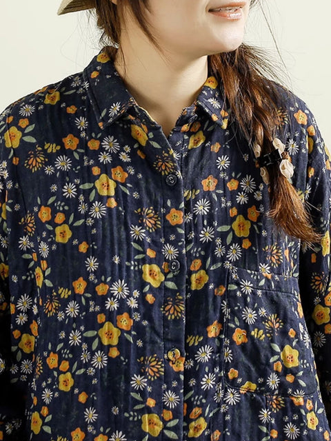 Kvinder Vintage Autumn Flower Button-up bomuldsfrakke