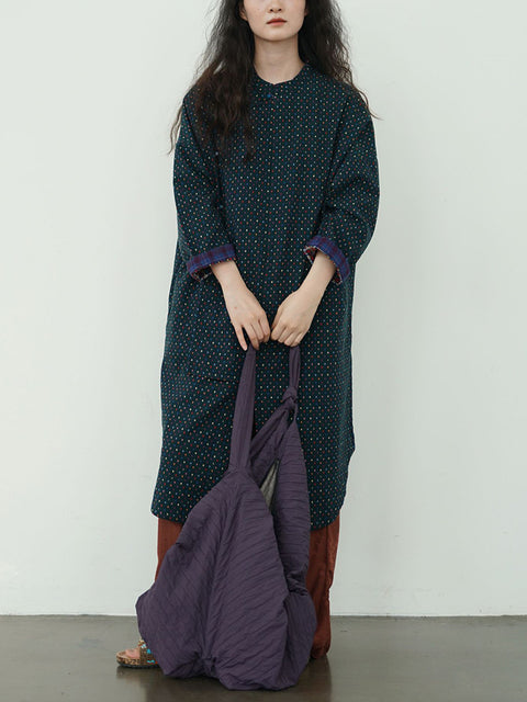 Women Vintage Autumn Dot Irregular Spliced Cotton Robe Dress