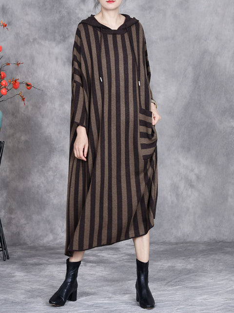 Women Autumn Artsy Stripe Colorblock Hooded Knit Dress