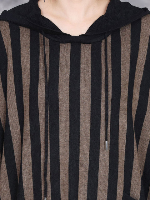 Women Autumn Artsy Stripe Colorblock Hooded Knit Dress