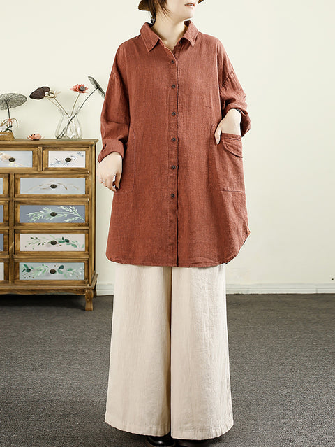 Women Autumn Casual Solid Button-up Linen Shirt