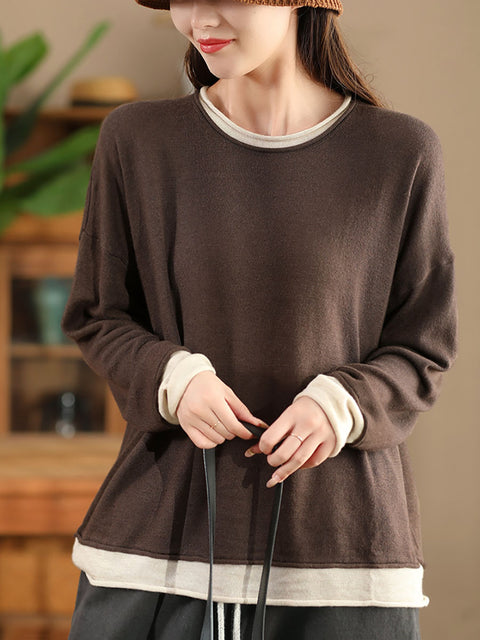 Women Casual Autumn Colorblock O-Neck Blouse