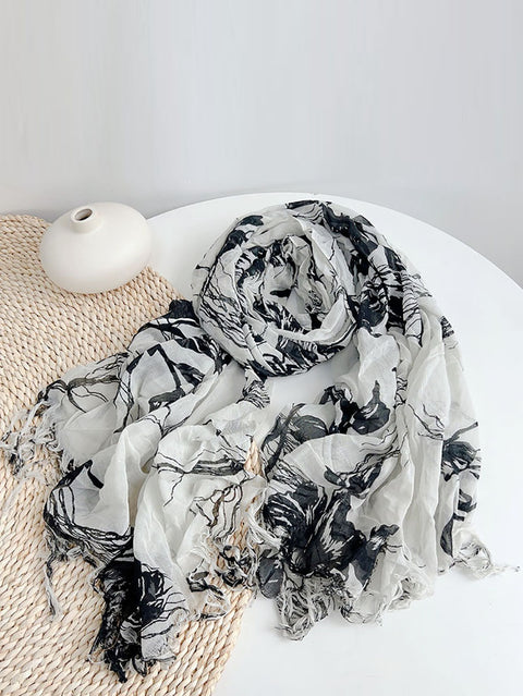 Women Summer Flower Tassel Cotton Shawl Scarf