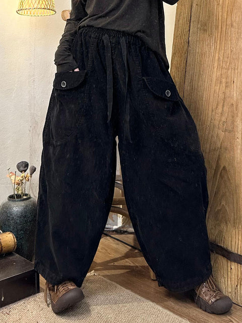 Plus Size Women Autumn Retro Corduroy Pocket Harem Pants