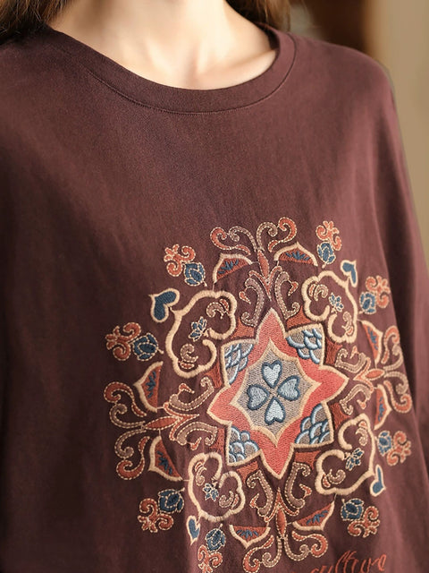 Women Autumn Flower Embroidery O-Neck Cotton Sweatshirt