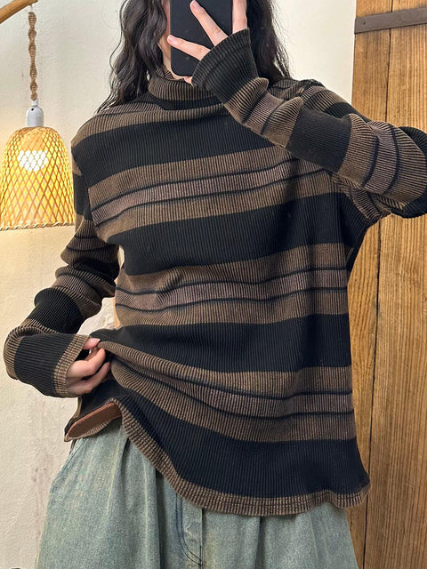 Kvinder Casual Autumn Colorblock Stripe O-hals bomuldsweatshirt