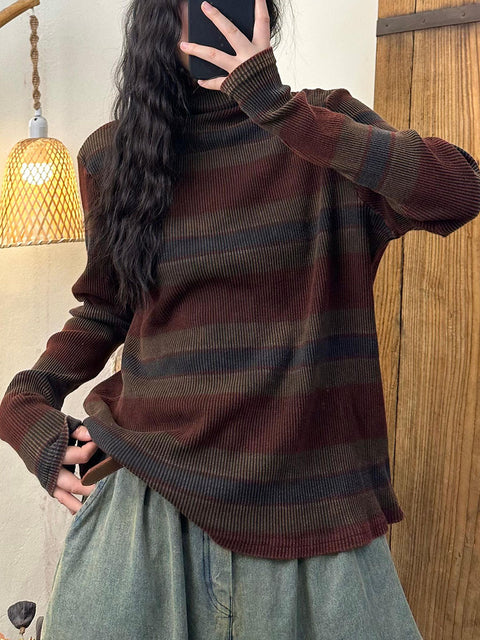 Kvinder Casual Autumn Colorblock Stripe O-hals bomuldsweatshirt