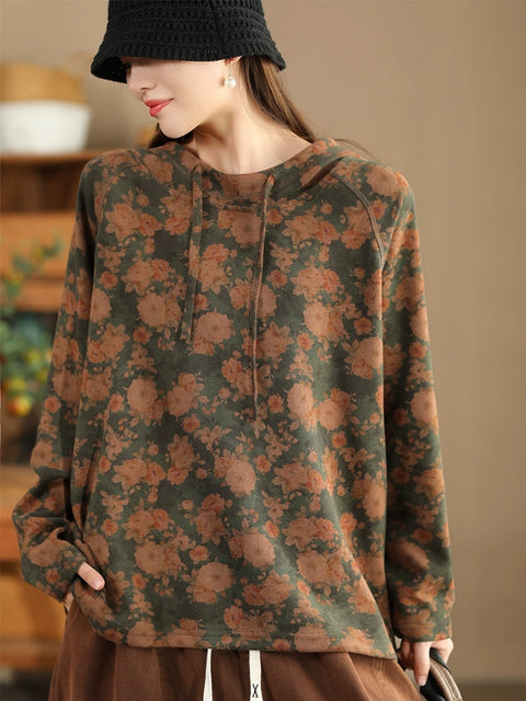 Women Autumn Vintage Flower Hooded  Sweatshirt