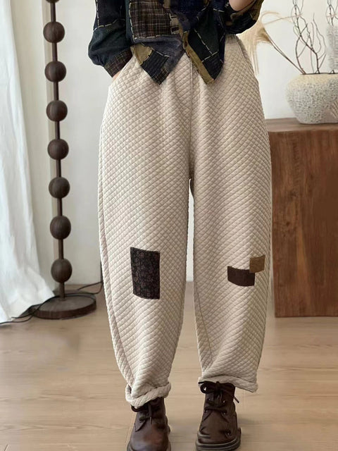 Women Autumn Retro Lattice Patch Thick Cotton Pants