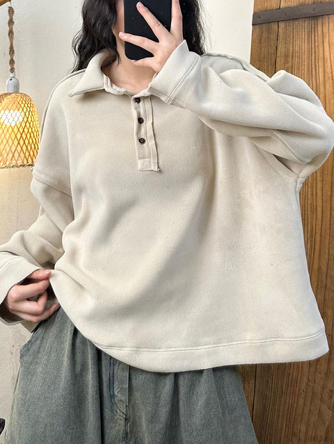 Women Autumn Retro Solid Turn-down Collar Cotton Sweatshirt