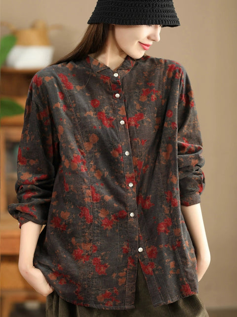 Women Retro Autumn Flower Turn-down Collar Corduroy Shirt