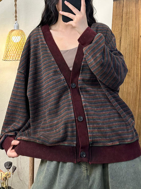 Women Vintage Autumn Stripe Colorblock V-Neck Sweater