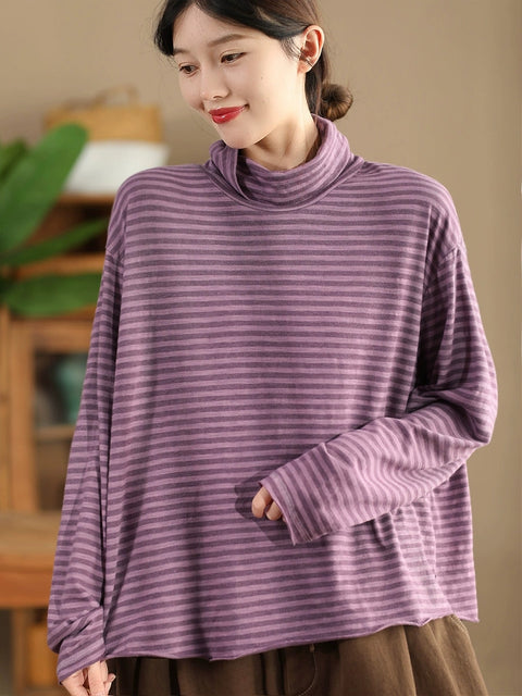 Kvinder Retro Autumn Stripe O-Neck Bomuldsbluse