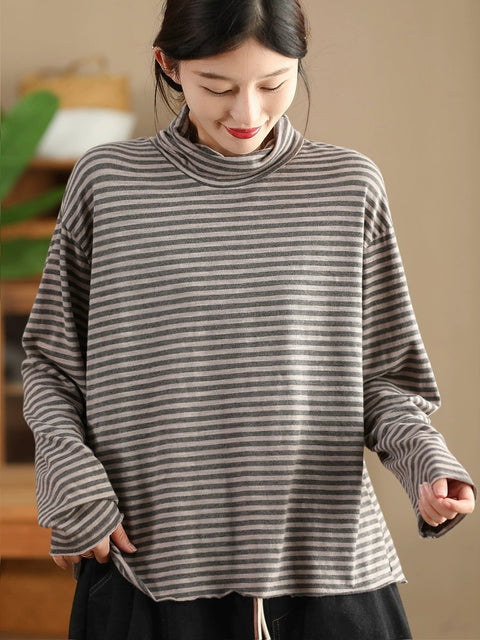 Kvinder Retro Autumn Stripe O-Neck Bomuldsbluse