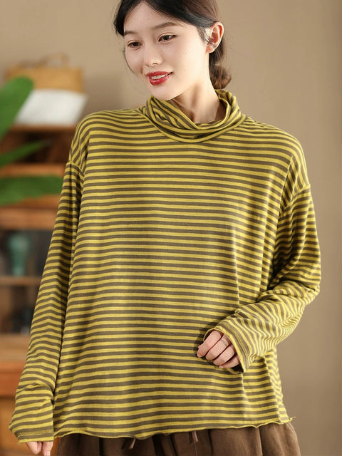 Kvinder Retro Autumn Stripe O-Neck Bomuldsbluse