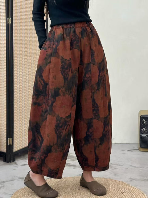 Women Autumn Retro Flower Spliced Loose Harem Pants