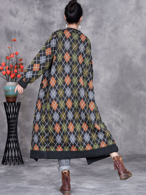 Women Autumn Artsy Rhomboids Knitted V-Neck Cardigan Coat