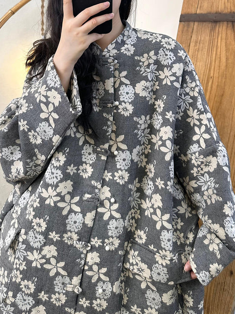 Kvinder Vintage Autumn Flower Button-up bomuldsfrakke