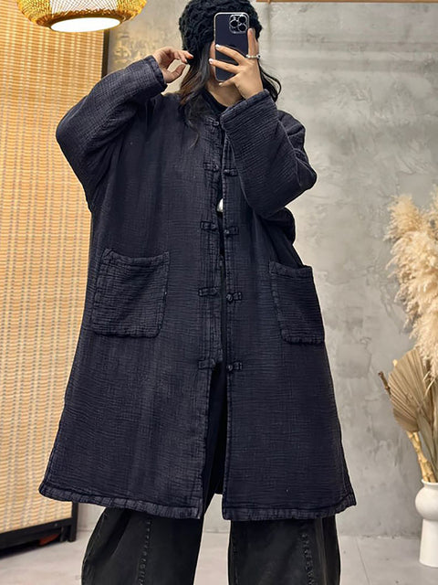 Women Ethnic Autumn Solid  Stand Collar Linen Cotton Coat