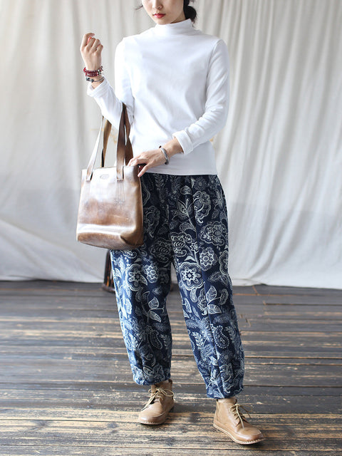 Women Ethnic Autumn Flower Spliced Cotton Harem Pants