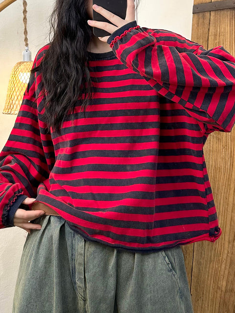 Kvinder Casual Autumn Colorblock Stripe O-hals bomuldsweatshirt