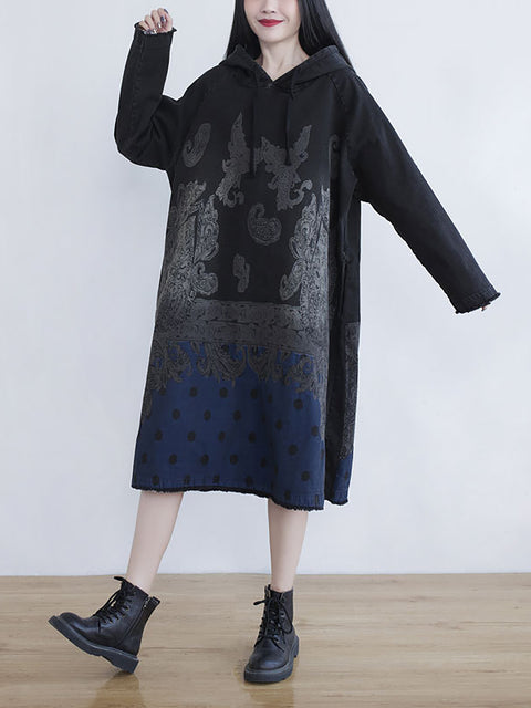 Women Ethnic Autumn Dot Flower Hooded Cotton Dress