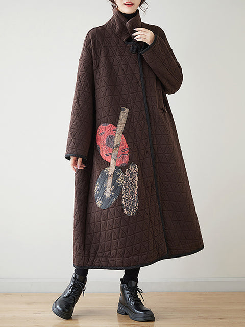 Women Winter Patch Spliced Rhomboid Thick Long Coat