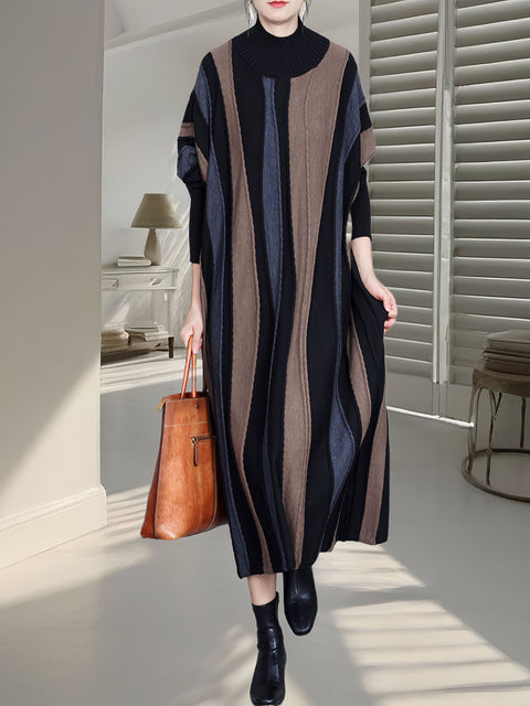 Women Autumn Artsy Colorblock Stripe Knitted Dress