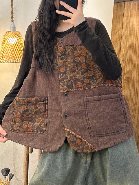 Women Retro Print Button-up Linen Padded Vest