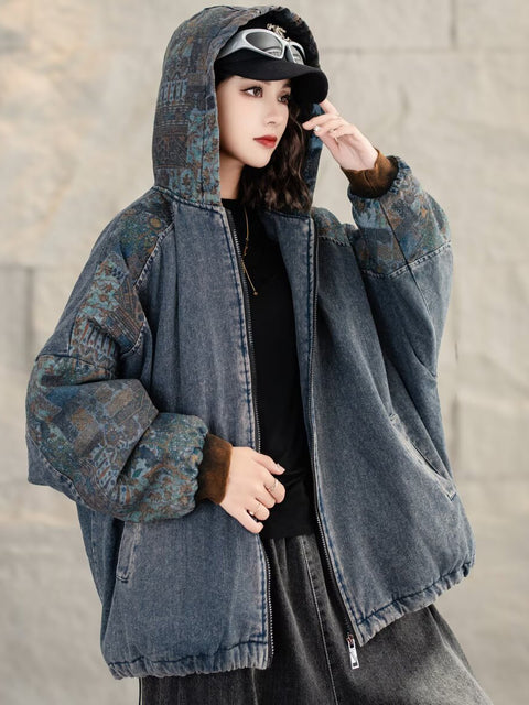 Women Retro Autumn Floral Spliced Hooded Padded Coat