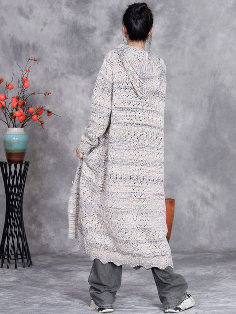 Women Autumn Artsy Color Mix Knit Cardigan Hooded Coat