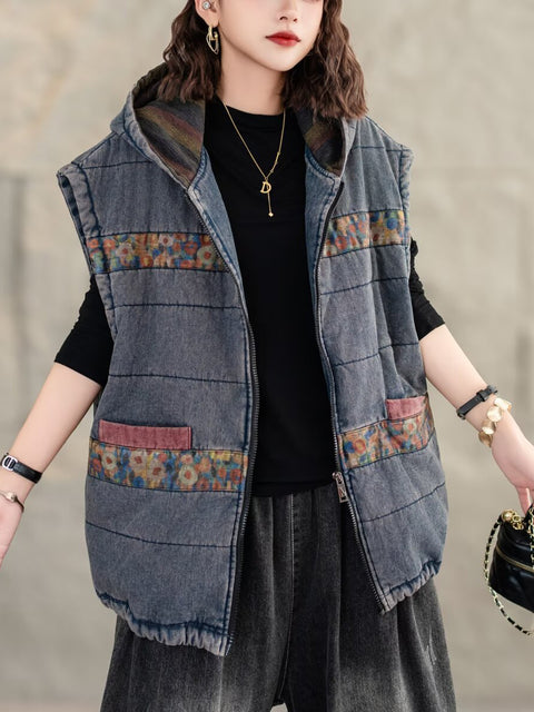 Women Retro Floral Spliced Hooded Cotton Padded Vest Coat