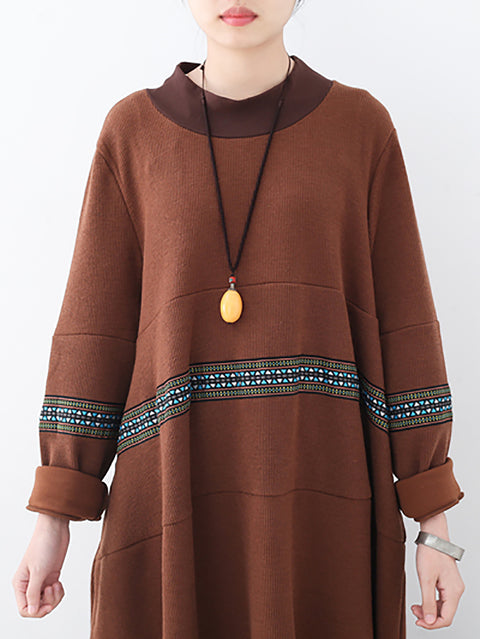 Women Casual Autumn Colorblock Half Turtleneck Spliced Dress