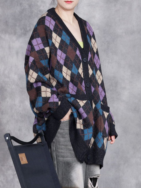 Women Autumn Artsy Rhomboids Cardigan Sweater Coat