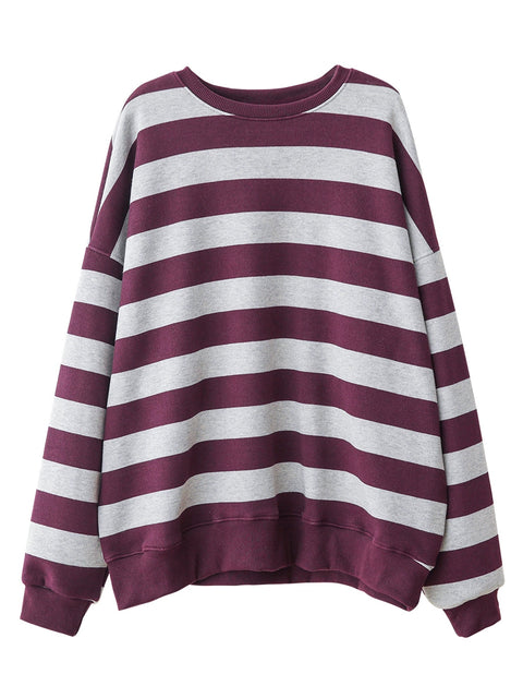 Kvinder Retro Autumn Stripe O-Neck Bomuldsbluse