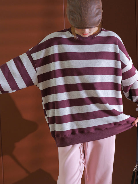 Kvinder Retro Autumn Stripe O-Neck Bomuldsbluse