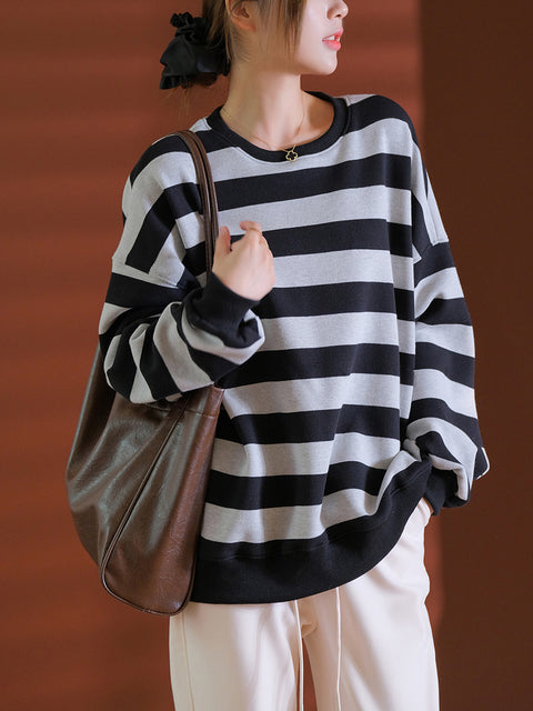 Kvinder Retro Autumn Stripe O-Neck Bomuldsbluse