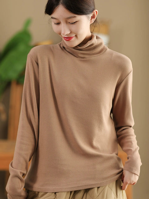 Women Casual Autumn Solid Turtleneck Botton Blouse